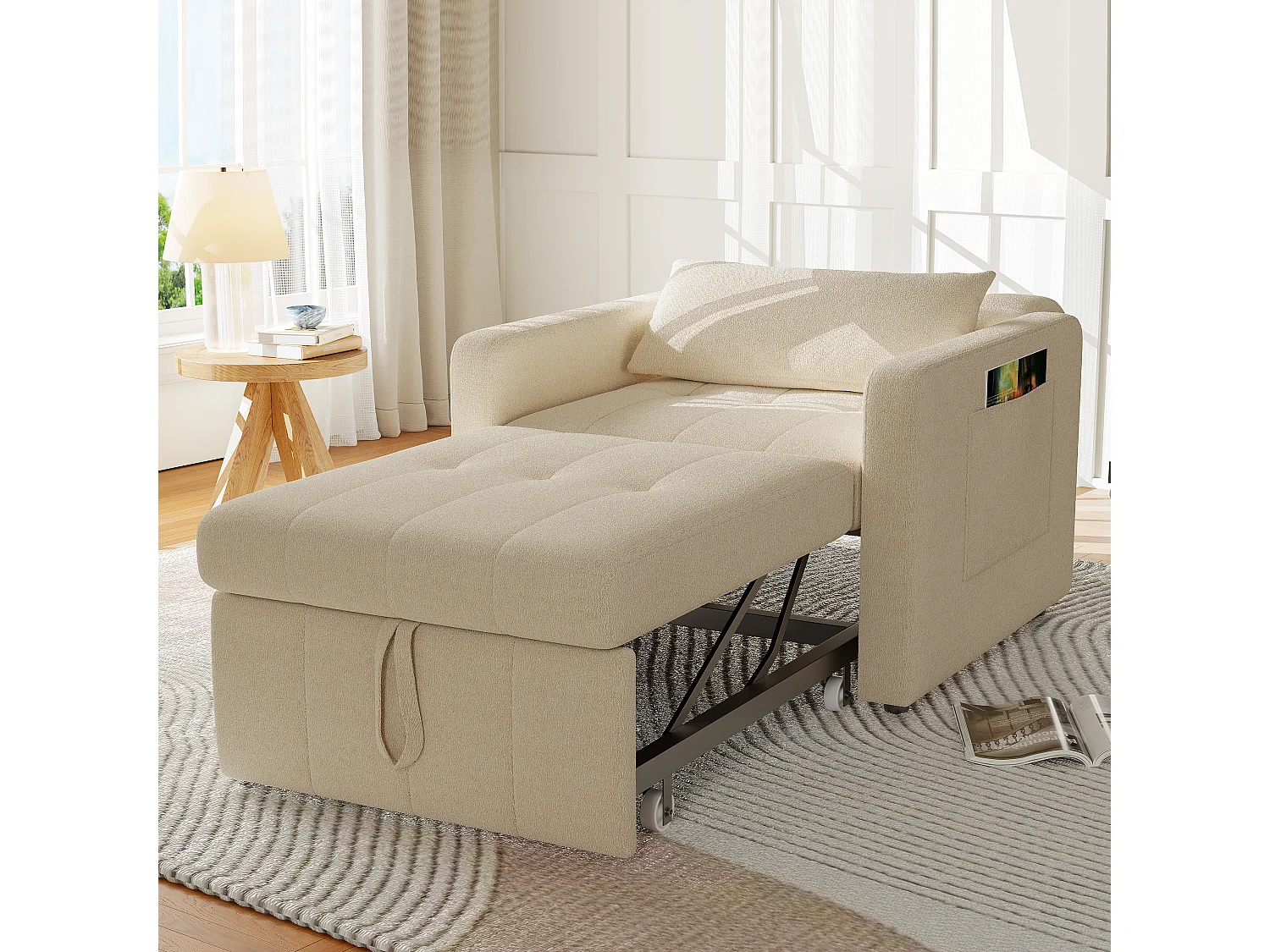 Canapé-lit d'angle 3 en 1 - extensible - dossier réglable - avec table d'appoint rabattable et poches latérales - 190 x 70 cm - beige