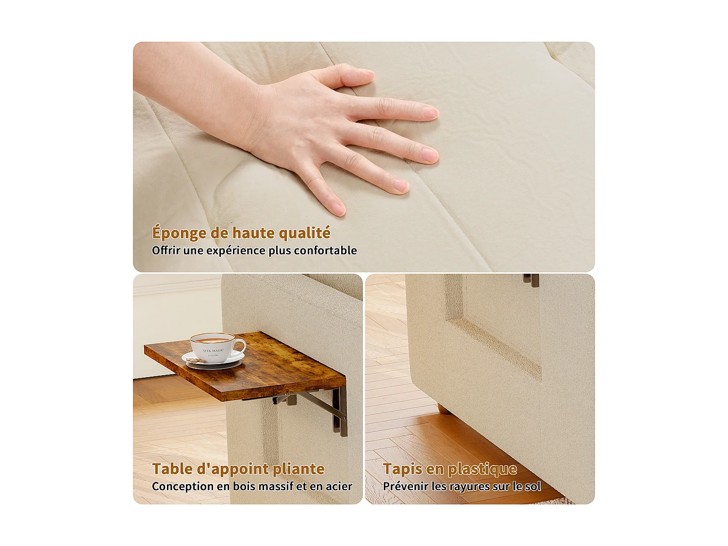 Canapé-lit d'angle 3 en 1 - extensible - dossier réglable - avec table d'appoint rabattable et poches latérales - 190 x 70 cm - beige