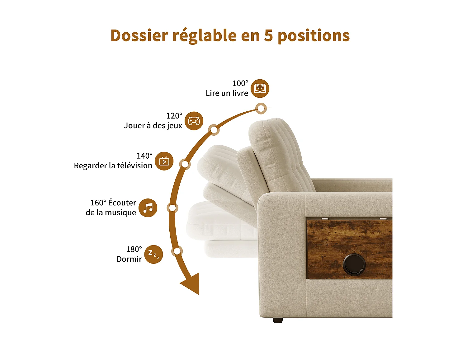 Canapé-lit d'angle 3 en 1 - extensible - dossier réglable - avec table d'appoint rabattable et poches latérales - 190 x 70 cm - beige
