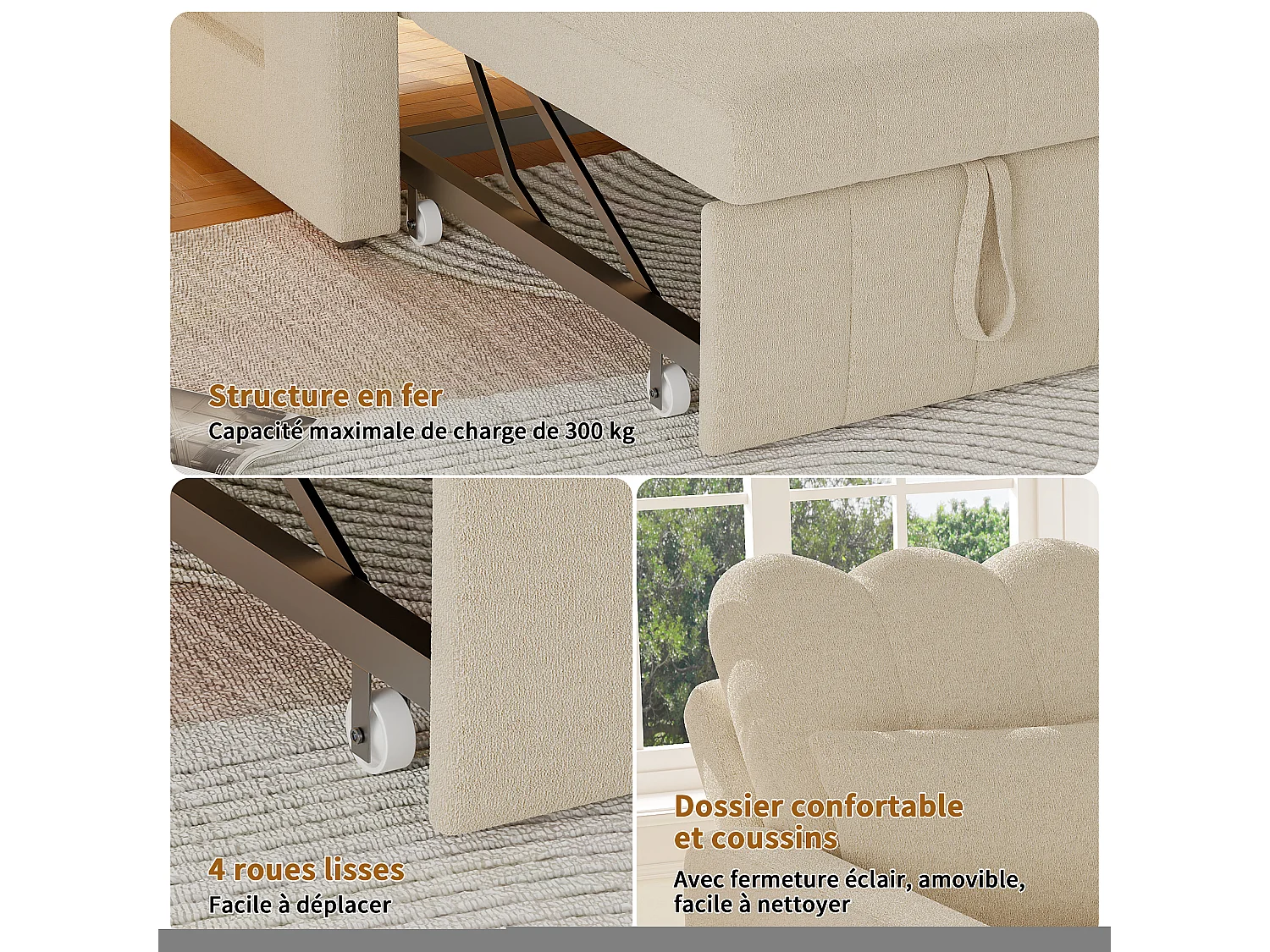 Canapé-lit d'angle 3 en 1 - extensible - dossier réglable - avec table d'appoint rabattable et poches latérales - 190 x 70 cm - beige