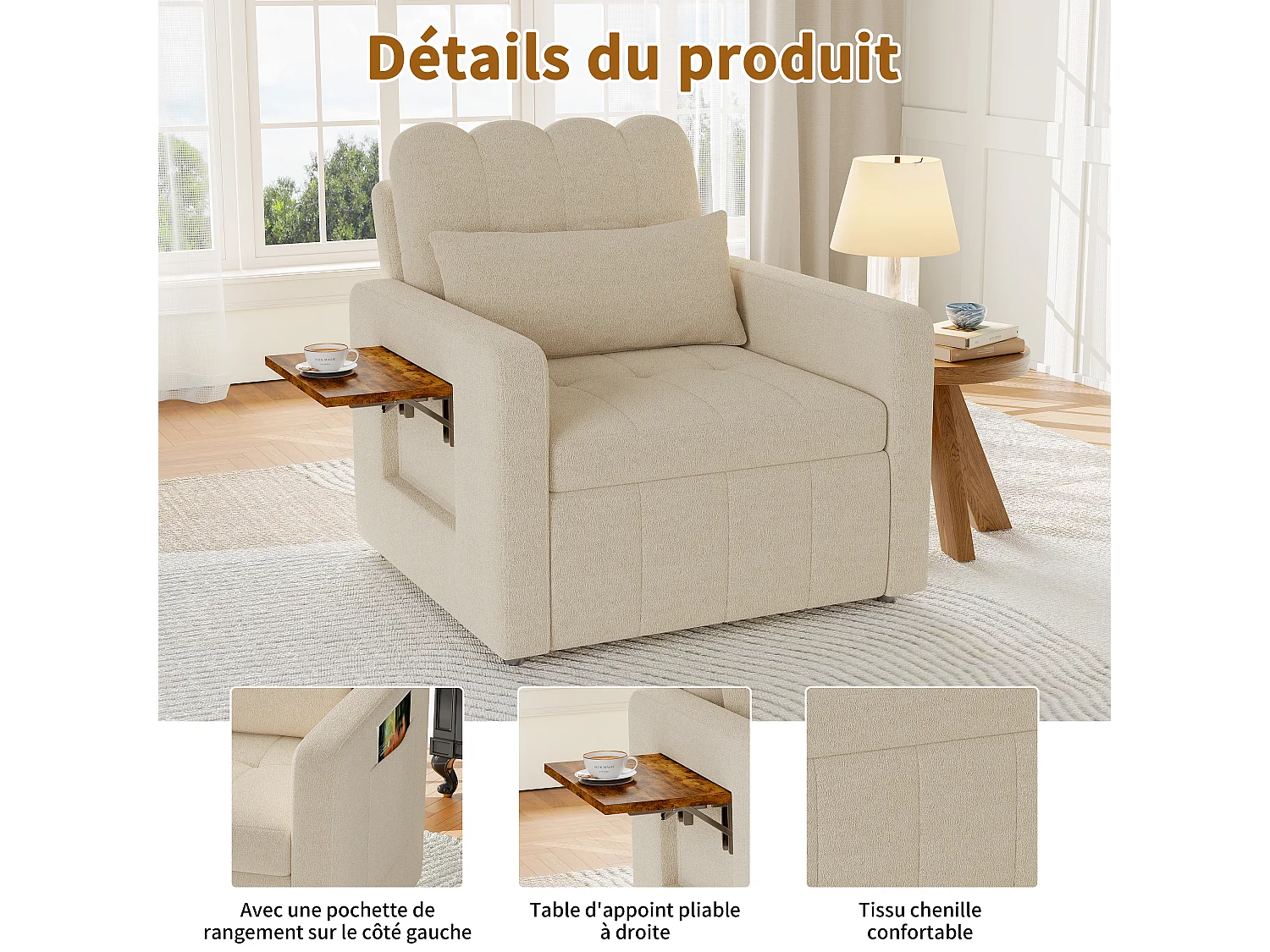 Canapé-lit d'angle 3 en 1 - extensible - dossier réglable - avec table d'appoint rabattable et poches latérales - 190 x 70 cm - beige