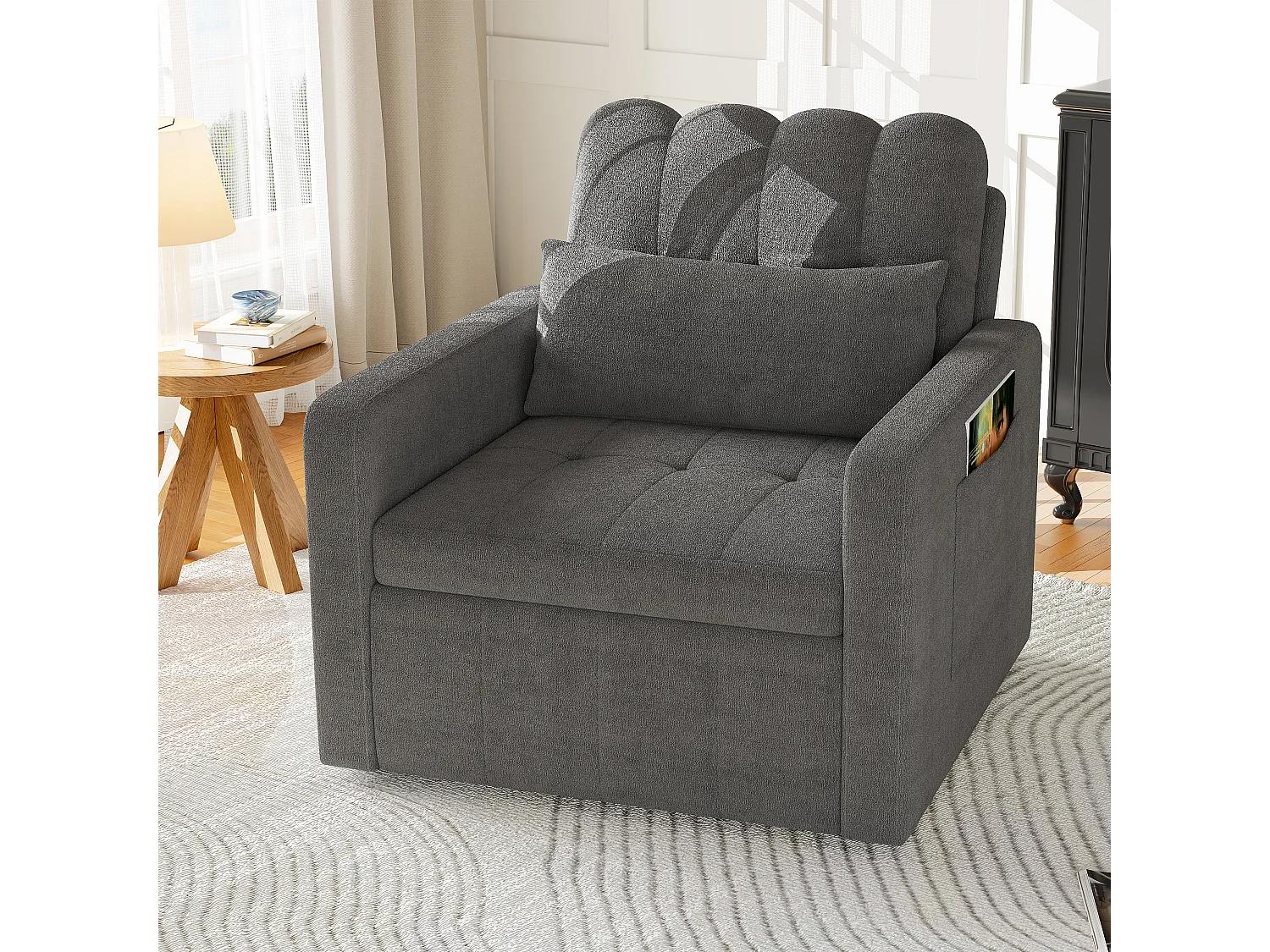 Canapé-lit d'angle 3 en 1 - extensible - dossier réglable - avec table d'appoint rabattable et poches latérales - 190 x 70 cm - gris