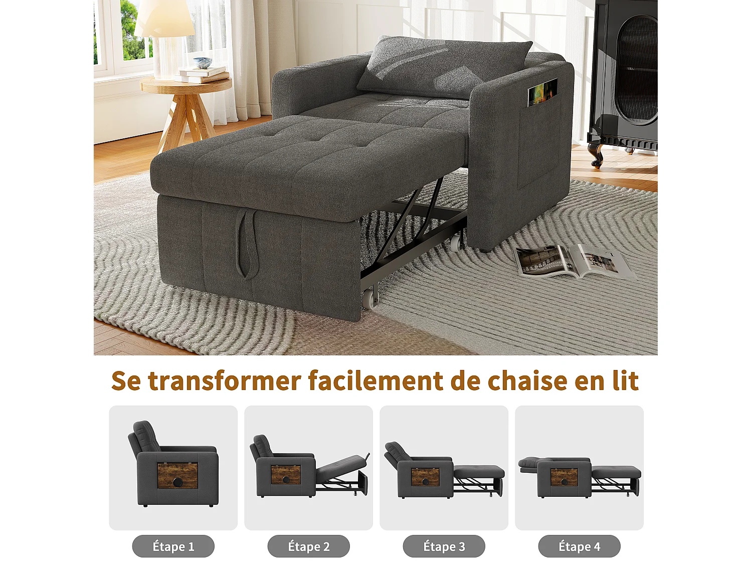 Canapé-lit d'angle 3 en 1 - extensible - dossier réglable - avec table d'appoint rabattable et poches latérales - 190 x 70 cm - gris
