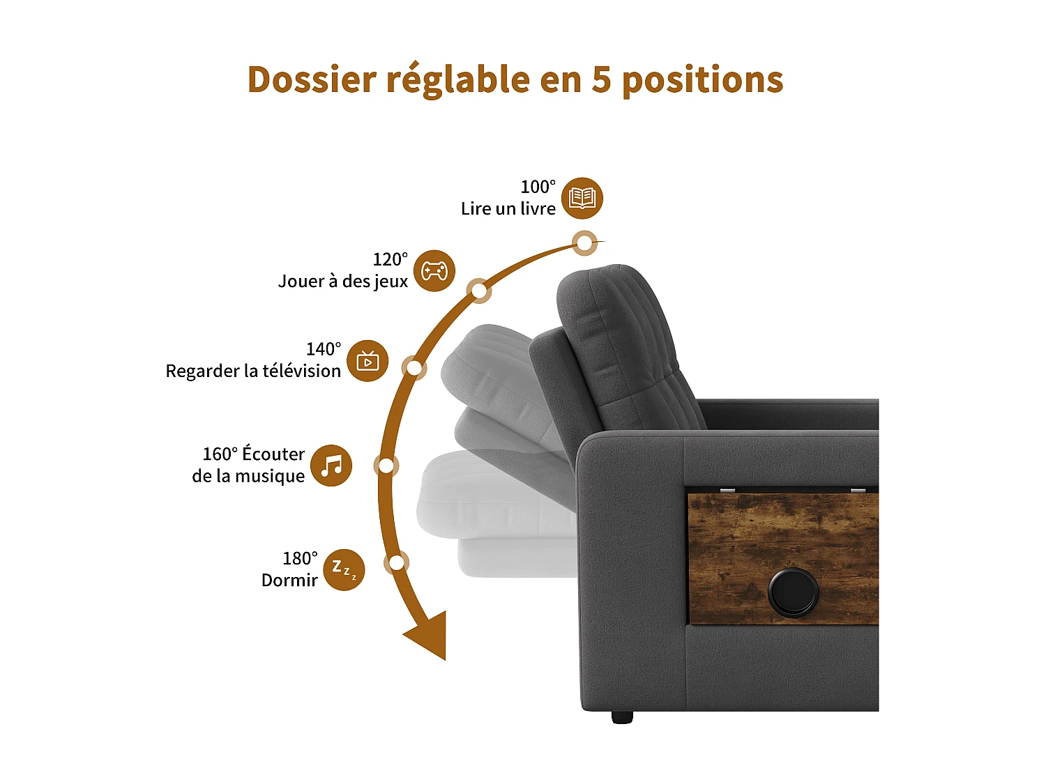 Canapé-lit d'angle 3 en 1 - extensible - dossier réglable - avec table d'appoint rabattable et poches latérales - 190 x 70 cm - gris