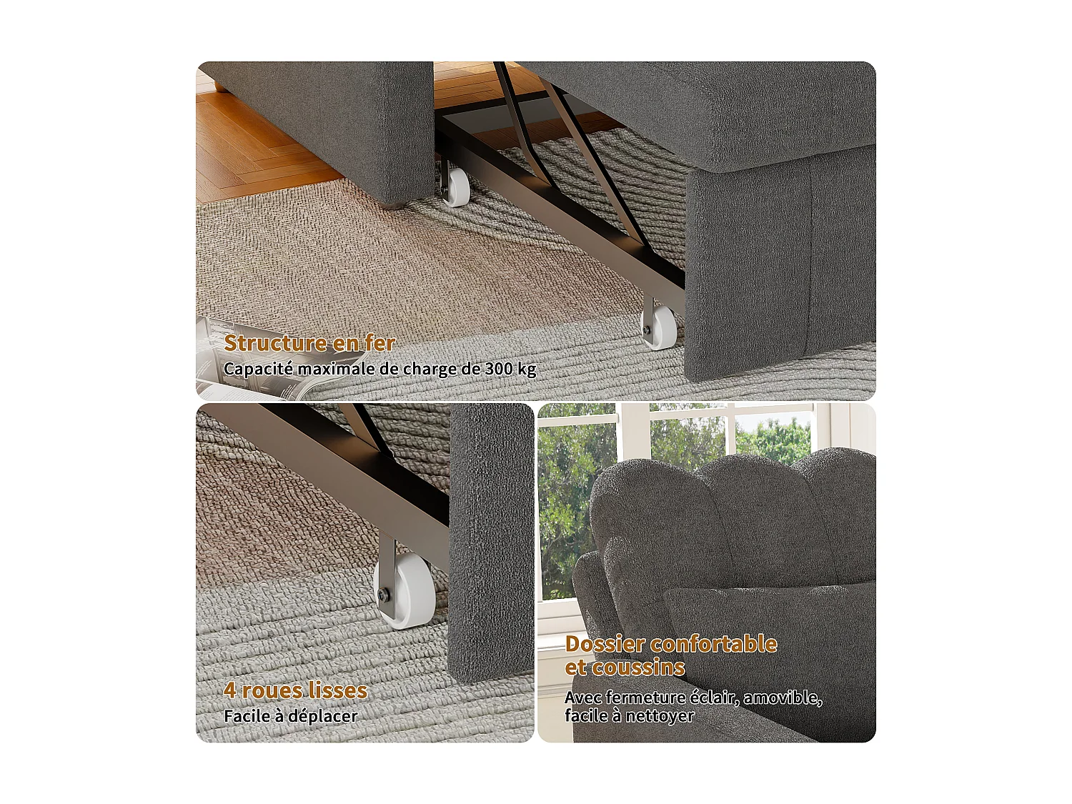 Canapé-lit d'angle 3 en 1 - extensible - dossier réglable - avec table d'appoint rabattable et poches latérales - 190 x 70 cm - gris