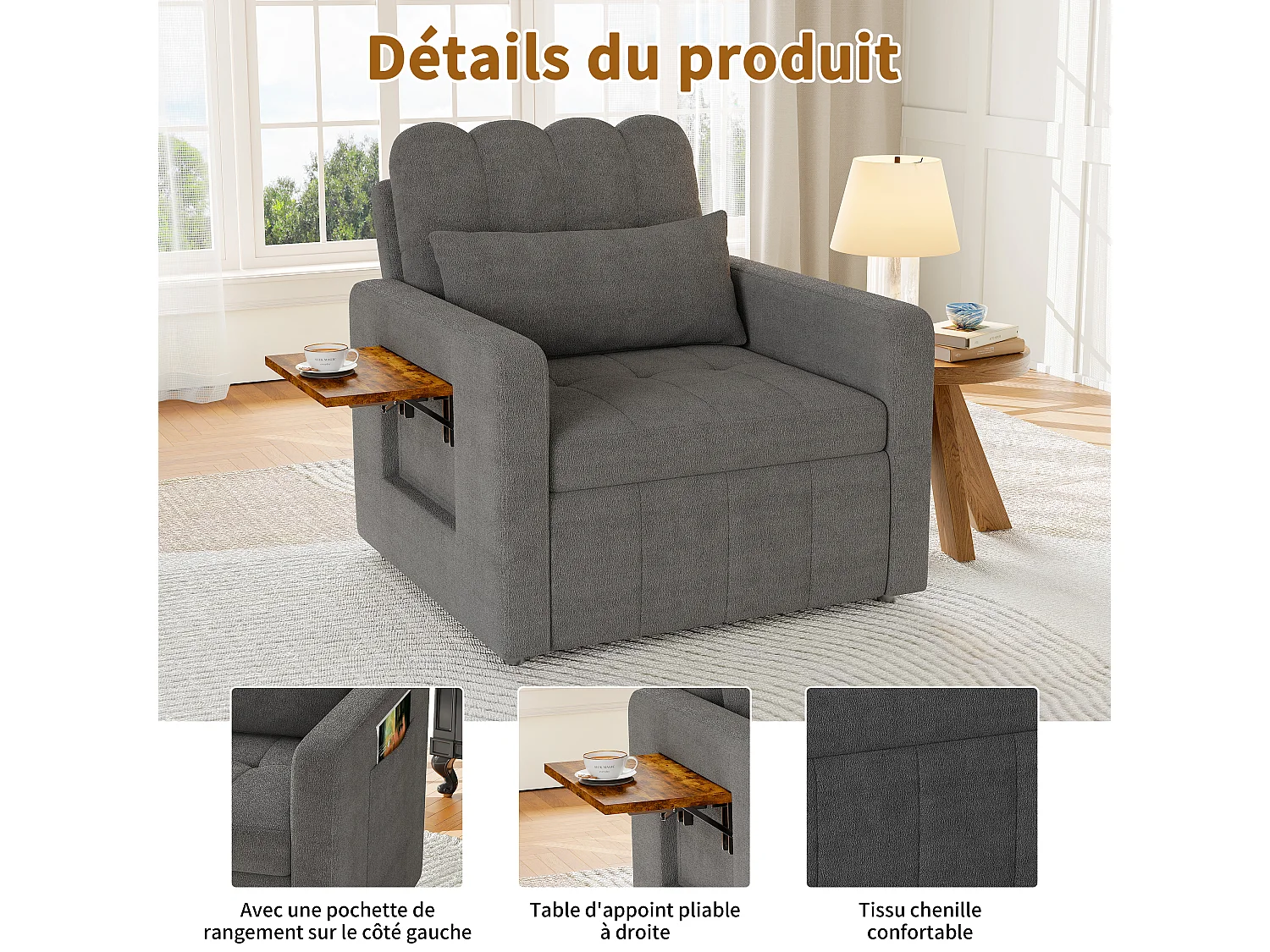 Canapé-lit d'angle 3 en 1 - extensible - dossier réglable - avec table d'appoint rabattable et poches latérales - 190 x 70 cm - gris