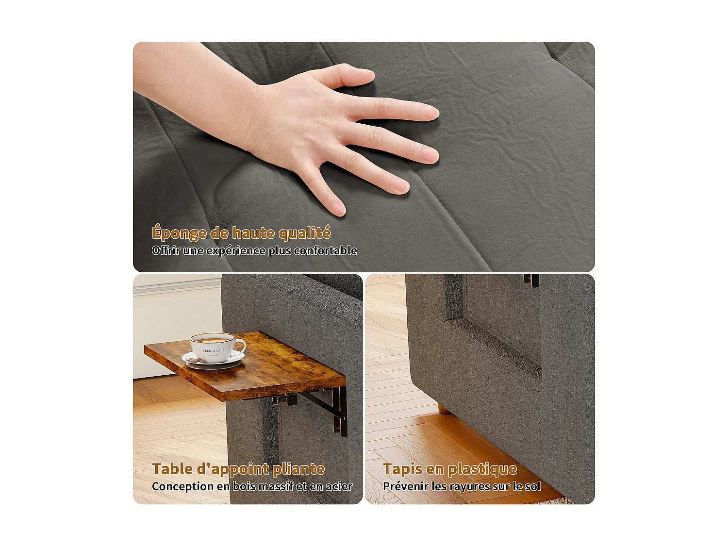 Canapé-lit d'angle 3 en 1 - extensible - dossier réglable - avec table d'appoint rabattable et poches latérales - 190 x 70 cm - gris