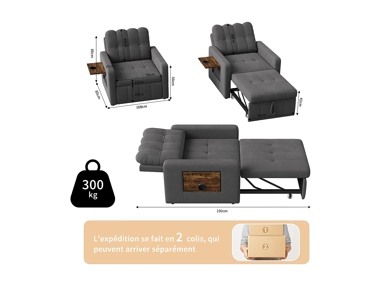 Canapé-lit d'angle 3 en 1 - extensible - dossier réglable - avec table d'appoint rabattable et poches latérales - 190 x 70 cm - gris