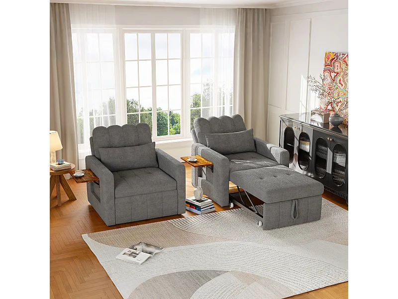 Canapé-lit d'angle 3 en 1 - extensible - dossier réglable - avec table d'appoint rabattable et poches latérales - 190 x 70 cm - gris