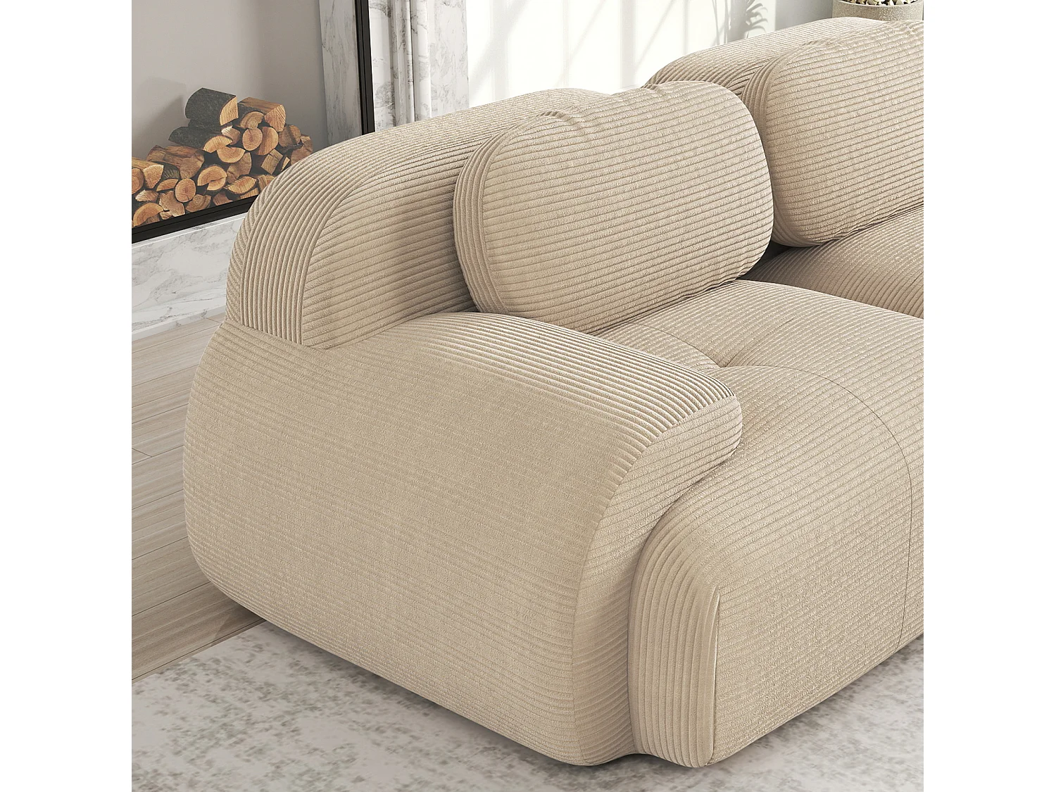 Canapé d'angle - avec accoudoirs incurvés - rembourrage en mousse haute élasticité - velours côtelé - beige