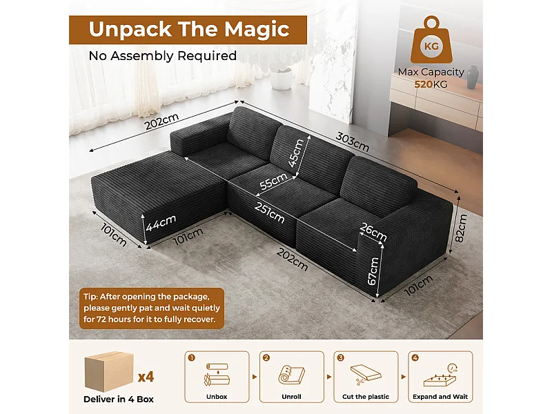 Canapé 3 Places modulable avec pouf - en Velours Côtelé - angle réversible - Noir - 303x202x82cm