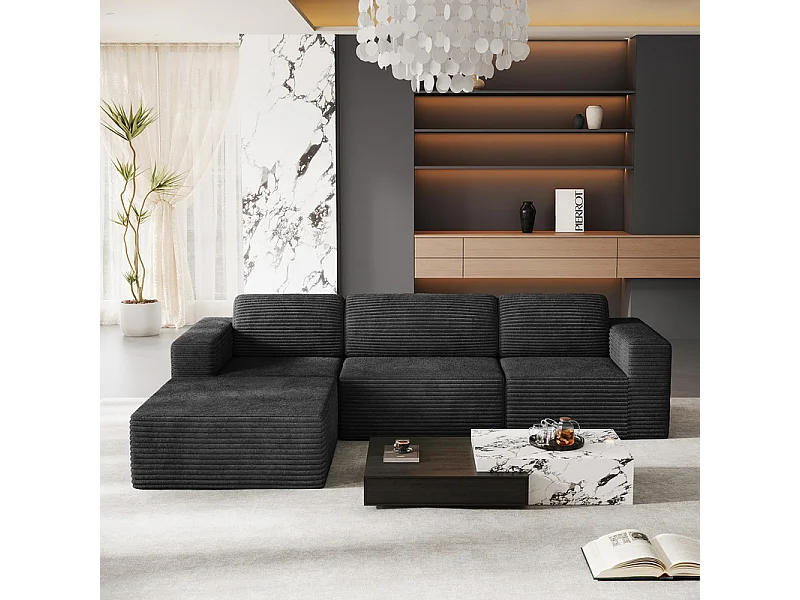 Canapé 3 Places modulable avec pouf - en Velours Côtelé - angle réversible - Noir - 303x202x82cm