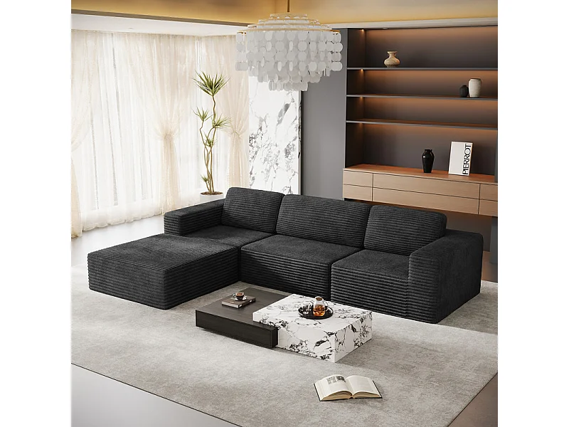 Canapé 3 Places modulable avec pouf - en Velours Côtelé - angle réversible - Noir - 303x202x82cm