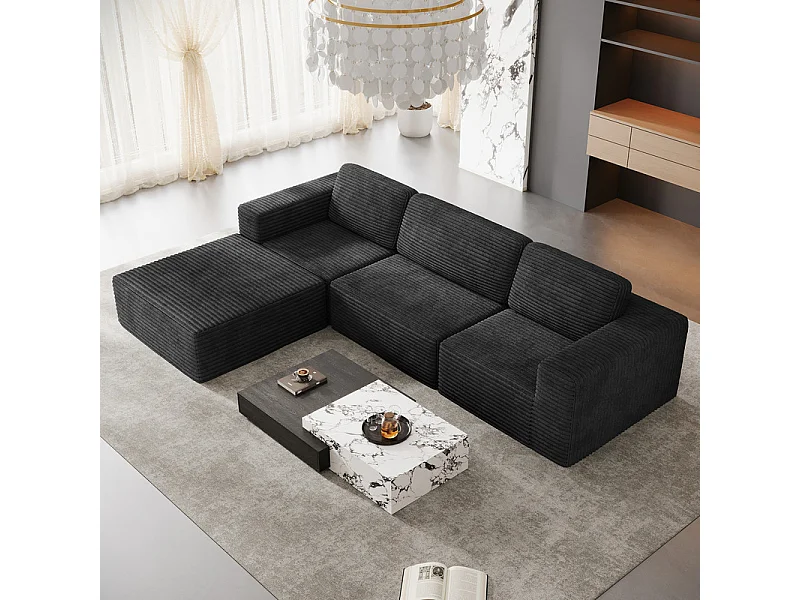 Canapé 3 Places modulable avec pouf - en Velours Côtelé - angle réversible - Noir - 303x202x82cm