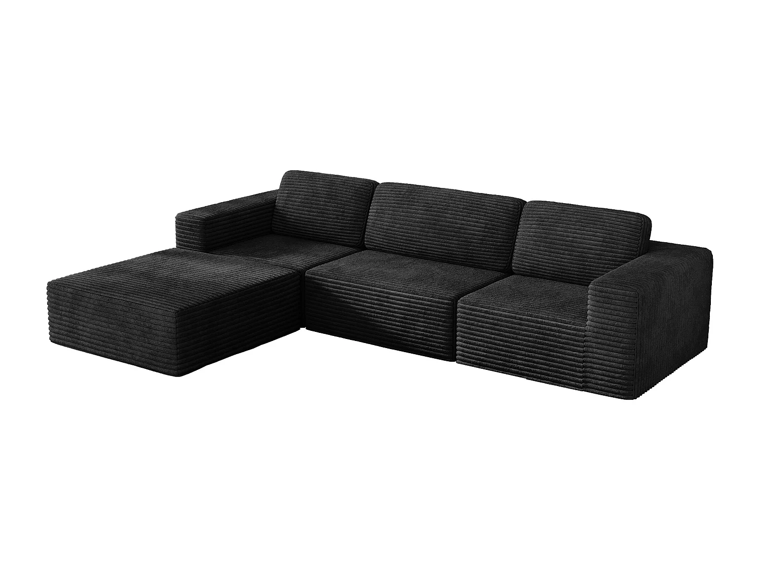 Canapé 3 Places modulable avec pouf - en Velours Côtelé - angle réversible - Noir - 303x202x82cm