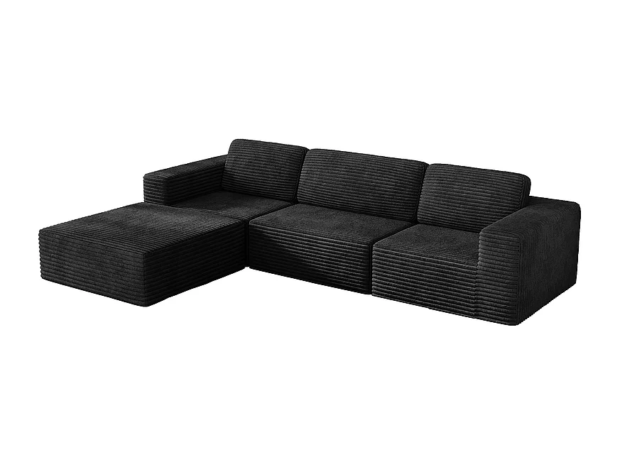 Canapé 3 Places modulable avec pouf - en Velours Côtelé - angle réversible - Noir - 303x202x82cm