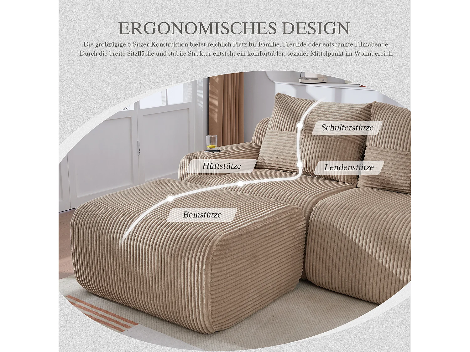 Canapé modulable 3 places - 268 x 174 x 80 cm - avec 2 poufs + porte-gobelets + poche de rangement - velours - kaki