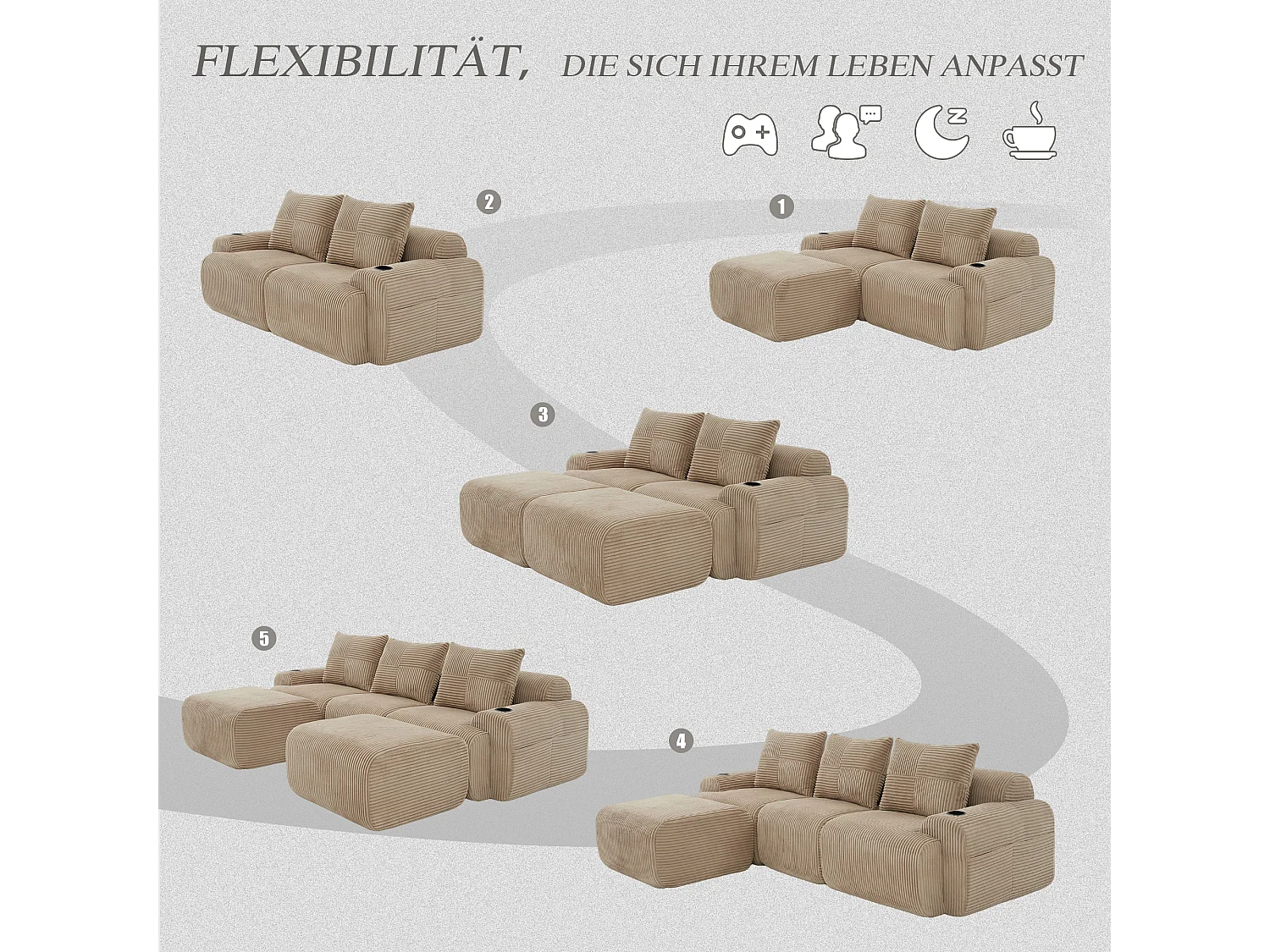 Canapé modulable 3 places - 268 x 174 x 80 cm - avec 2 poufs + porte-gobelets + poche de rangement - velours - kaki