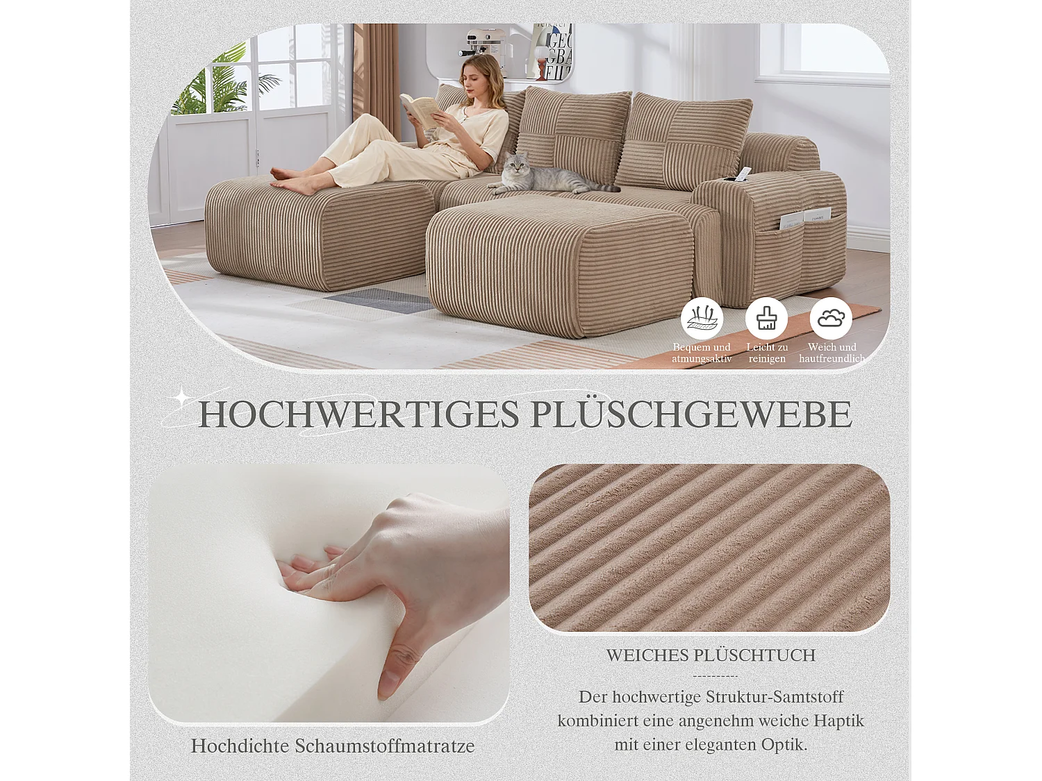 Canapé modulable 3 places - 268 x 174 x 80 cm - avec 2 poufs + porte-gobelets + poche de rangement - velours - kaki