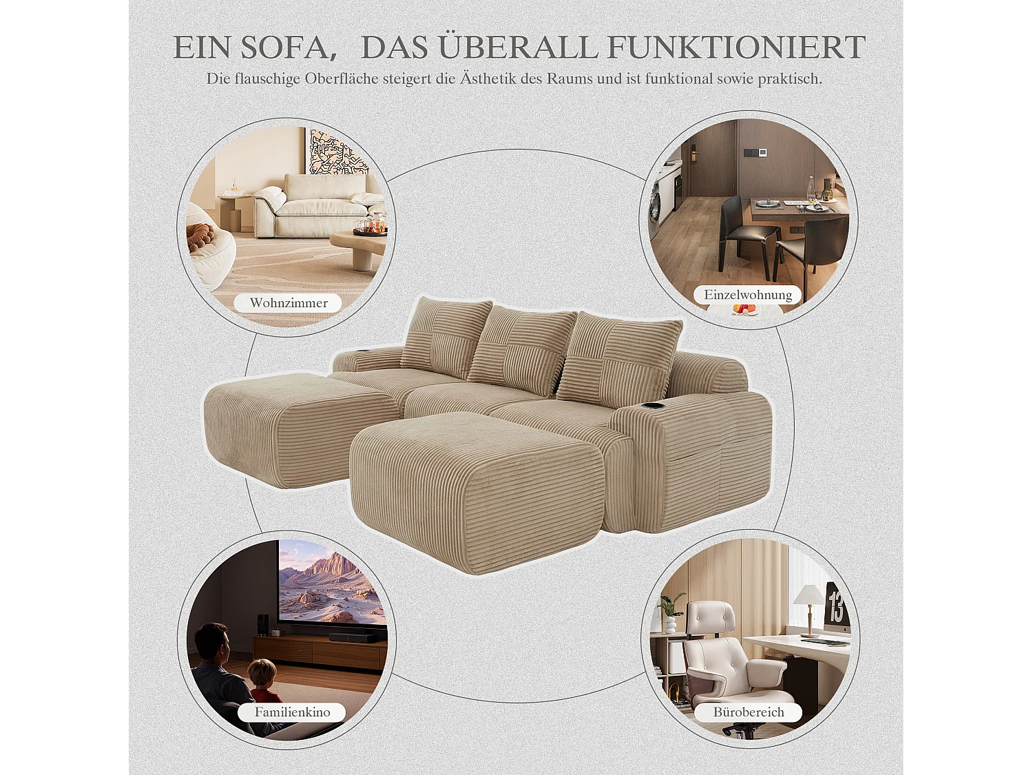 Canapé modulable 3 places - 268 x 174 x 80 cm - avec 2 poufs + porte-gobelets + poche de rangement - velours - kaki