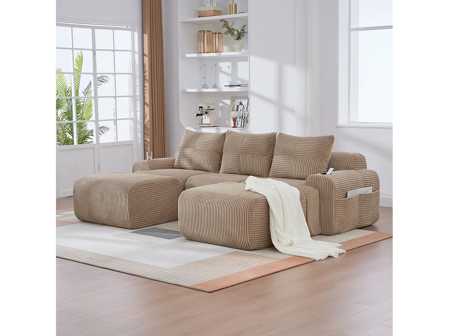 Canapé modulable 3 places - 268 x 174 x 80 cm - avec 2 poufs + porte-gobelets + poche de rangement - velours - kaki