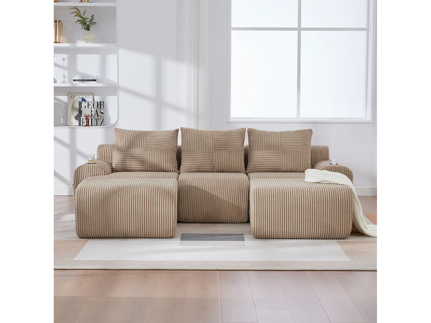 Canapé modulable 3 places - 268 x 174 x 80 cm - avec 2 poufs + porte-gobelets + poche de rangement - velours - kaki