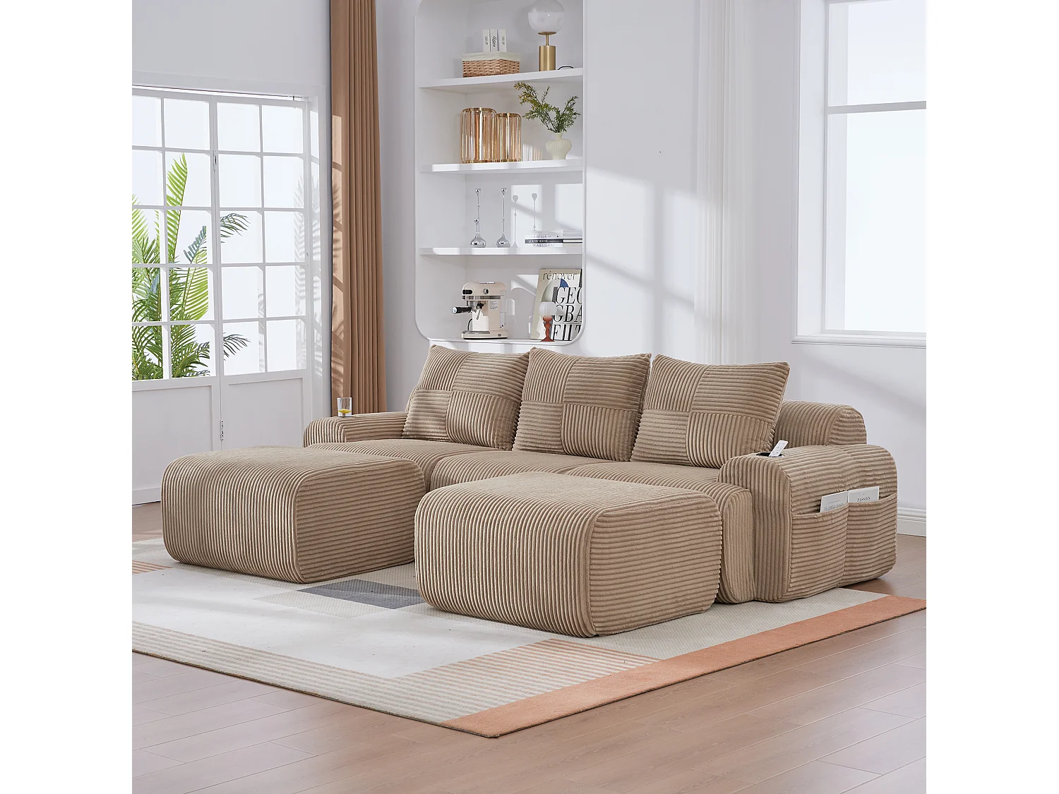 Canapé modulable 3 places - 268 x 174 x 80 cm - avec 2 poufs + porte-gobelets + poche de rangement - velours - kaki