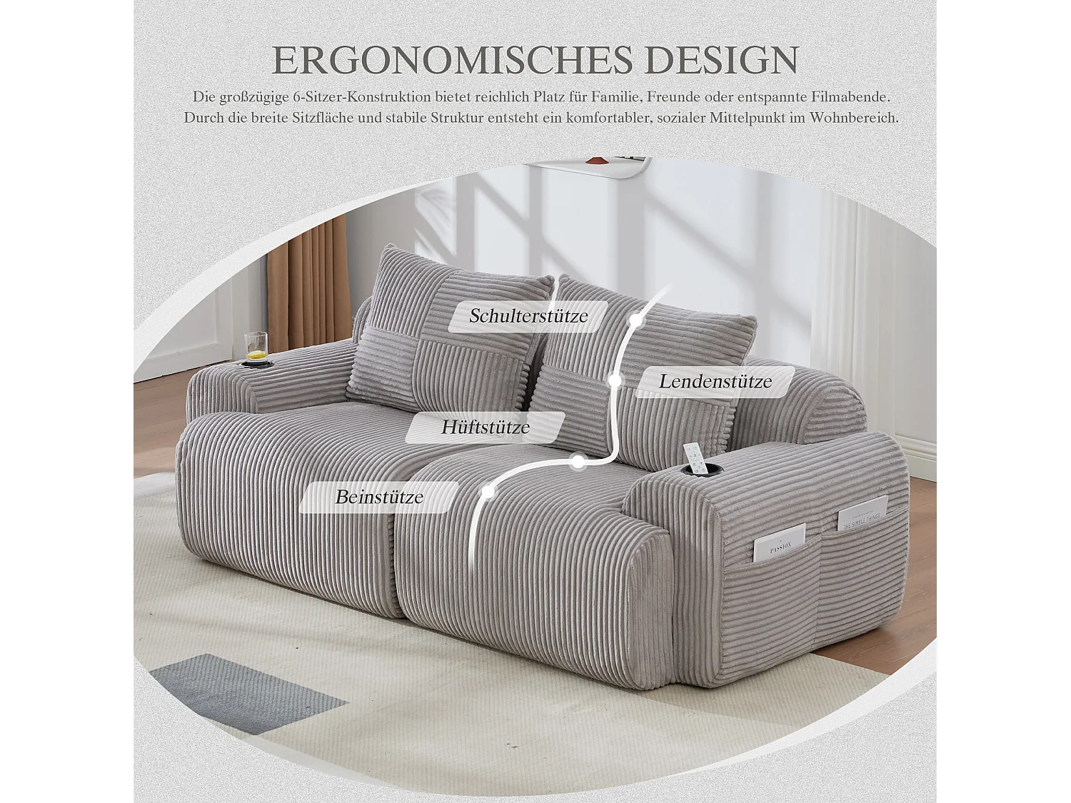 Canapé moderne 2 places - 200 x 99 x 80 cm - avec porte-gobelets + poche de rangement - velours - gris clair