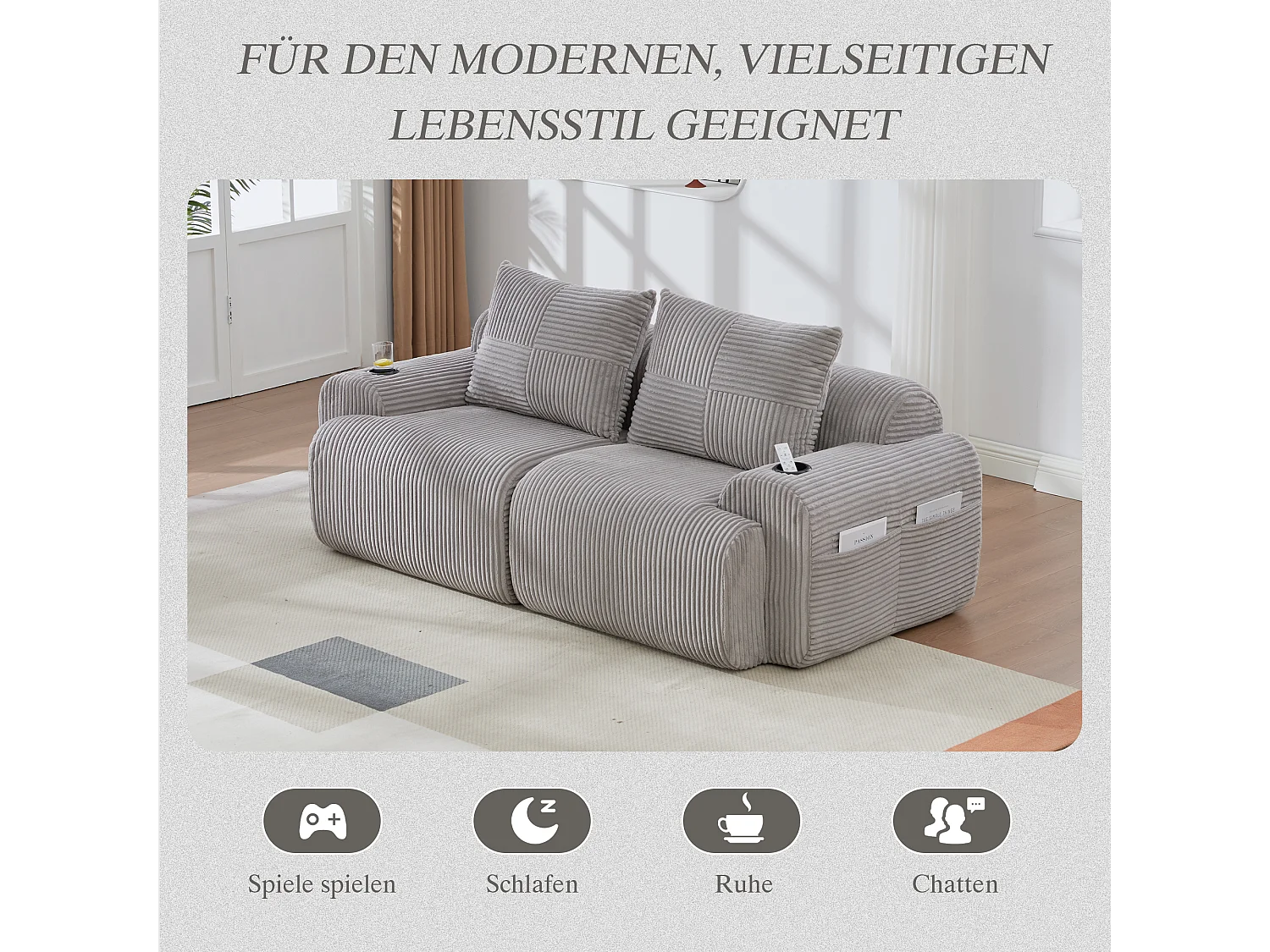 Canapé moderne 2 places - 200 x 99 x 80 cm - avec porte-gobelets + poche de rangement - velours - gris clair