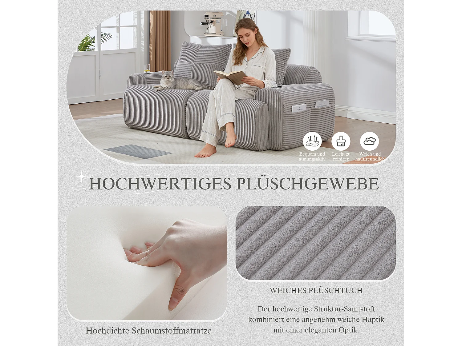 Canapé moderne 2 places - 200 x 99 x 80 cm - avec porte-gobelets + poche de rangement - velours - gris clair