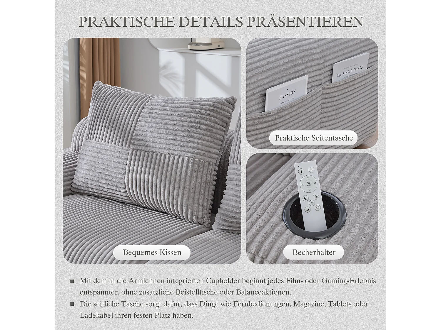 Canapé moderne 2 places - 200 x 99 x 80 cm - avec porte-gobelets + poche de rangement - velours - gris clair