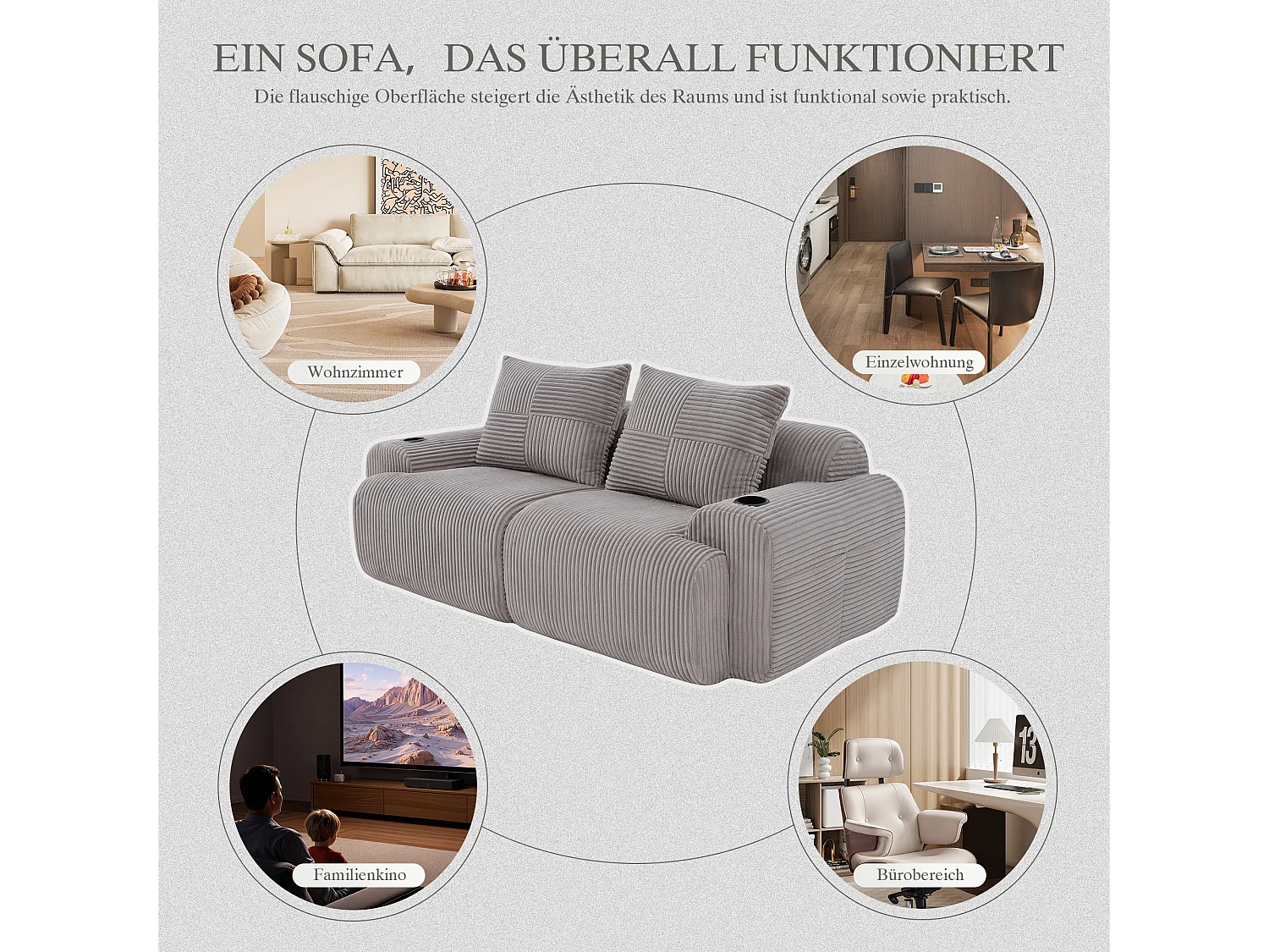 Canapé moderne 2 places - 200 x 99 x 80 cm - avec porte-gobelets + poche de rangement - velours - gris clair