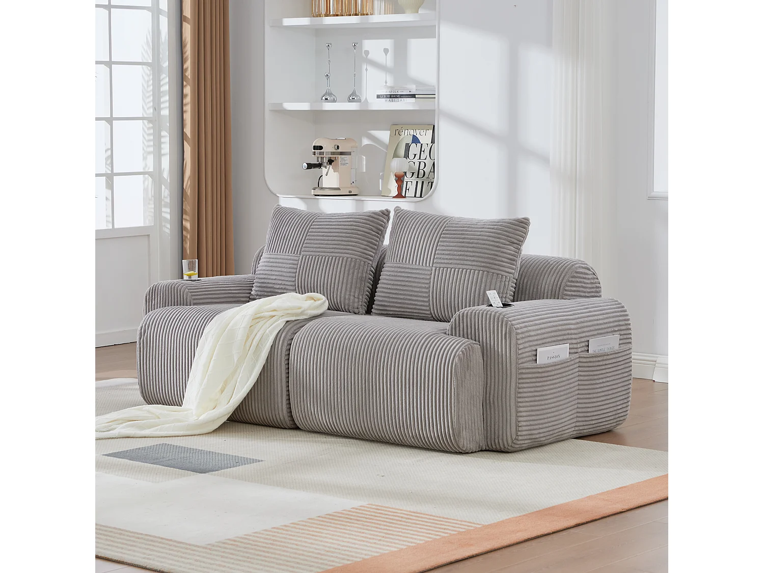 Canapé moderne 2 places - 200 x 99 x 80 cm - avec porte-gobelets + poche de rangement - velours - gris clair