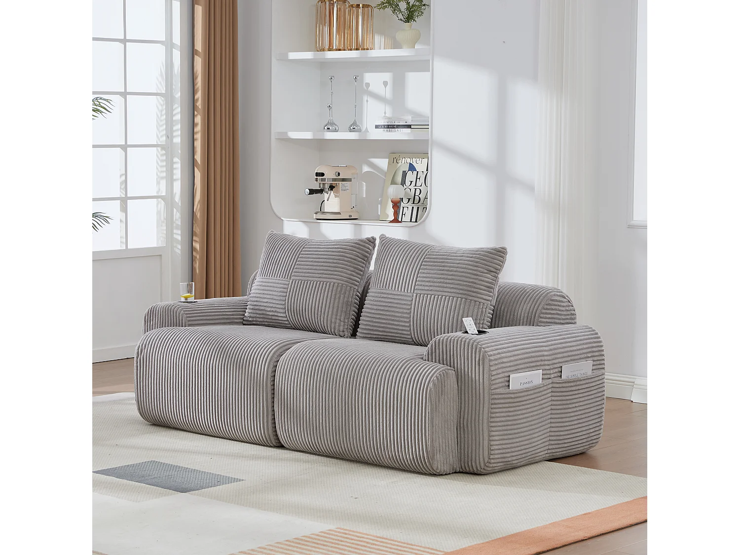 Canapé moderne 2 places - 200 x 99 x 80 cm - avec porte-gobelets + poche de rangement - velours - gris clair