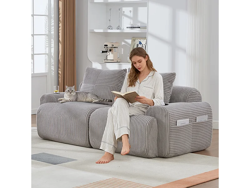 Canapé moderne 2 places - 200 x 99 x 80 cm - avec porte-gobelets + poche de rangement - velours - gris clair