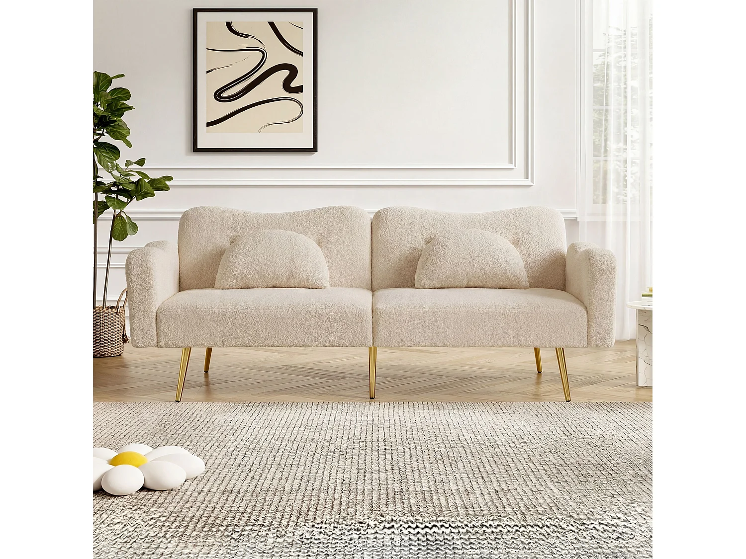 Canapé 2 places - Dossier réglable - Pieds en métal plaqué or - Beige