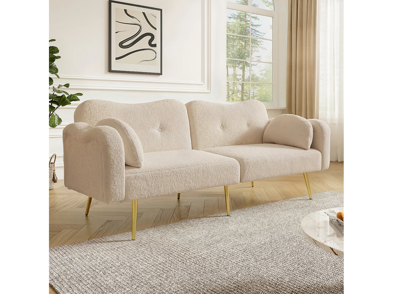 Canapé 2 places - Dossier réglable - Pieds en métal plaqué or - Beige