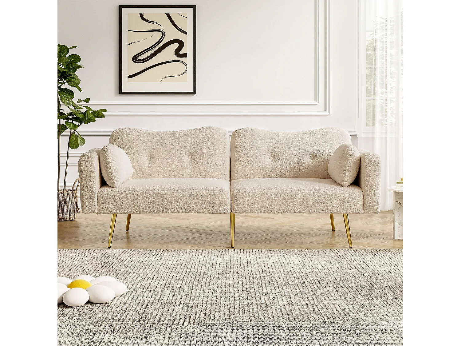 Canapé 2 places - Dossier réglable - Pieds en métal plaqué or - Beige
