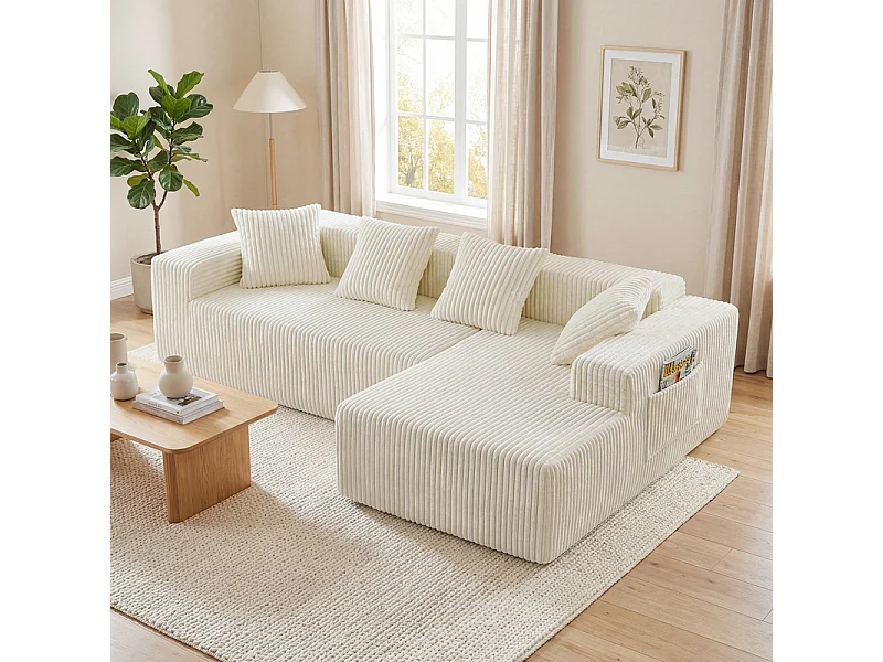 Canapé 3 Places d'angle droite modulable, en Velours côtelé beige, avec 4 Coussins, méridienne et poche latérale, 261x156x80cm