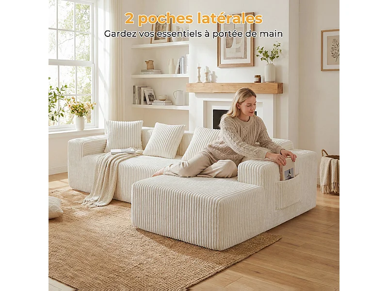 Canapé 3 Places d'angle droite modulable, en Velours côtelé beige, avec 4 Coussins, méridienne et poche latérale, 261x156x80cm
