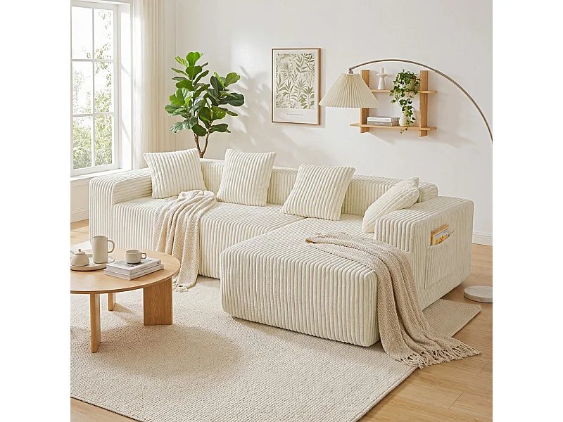 Canapé 3 Places d'angle droite modulable, en Velours côtelé beige, avec 4 Coussins, méridienne et poche latérale, 261x156x80cm