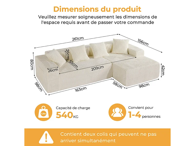 Canapé 3 Places d'angle droite modulable, en Velours côtelé beige, avec 4 Coussins, méridienne et poche latérale, 261x156x80cm