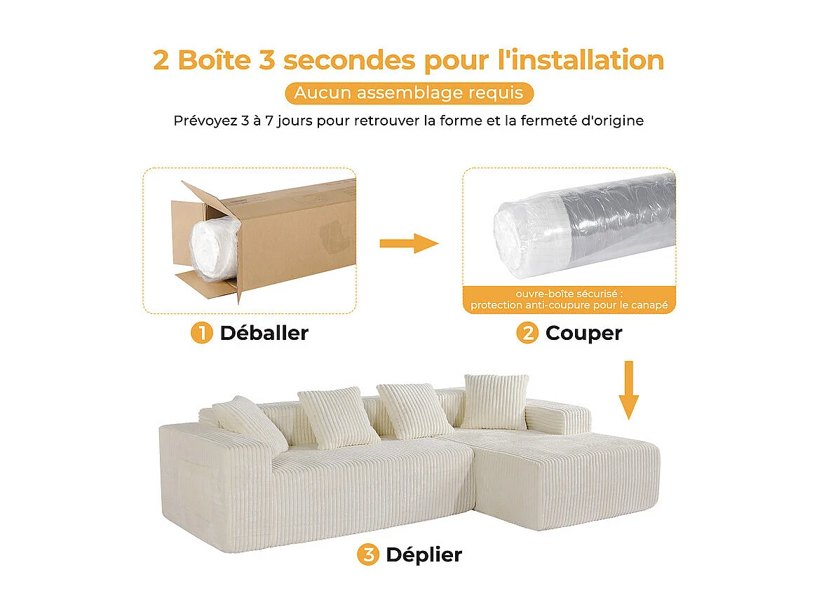 Canapé 3 Places d'angle droite modulable, en Velours côtelé beige, avec 4 Coussins, méridienne et poche latérale, 261x156x80cm