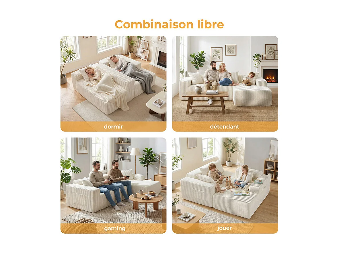 Canapé 3 Places d'angle droite modulable, en Velours côtelé beige, avec 4 Coussins, méridienne et poche latérale, 261x156x80cm