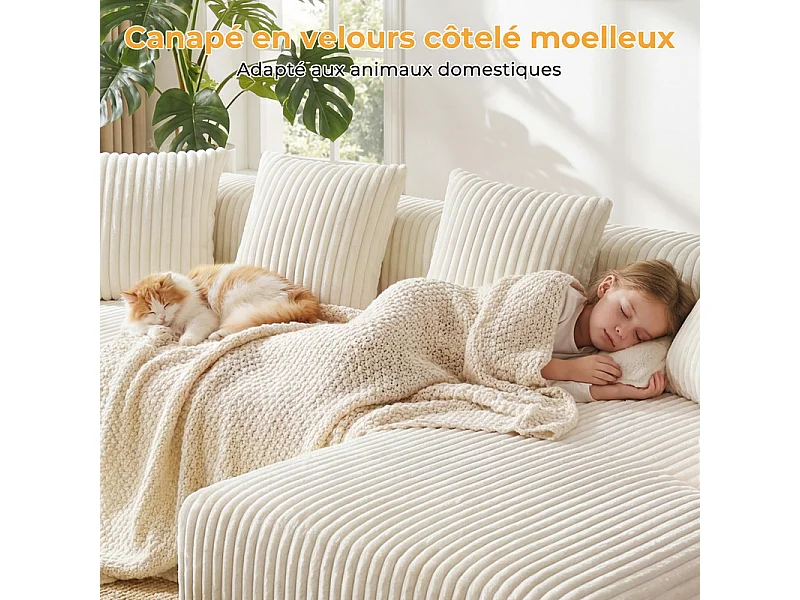 Canapé 3 Places d'angle droite modulable, en Velours côtelé beige, avec 4 Coussins, méridienne et poche latérale, 261x156x80cm