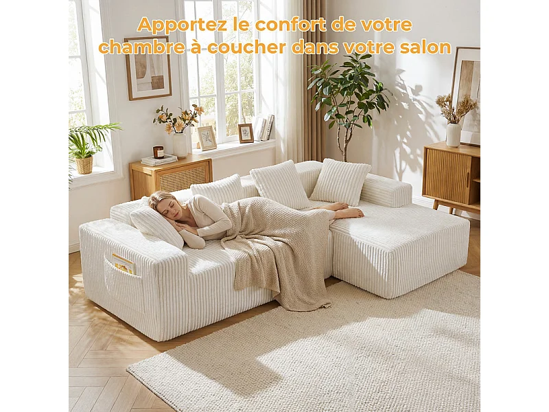 Canapé 3 Places d'angle droite modulable, en Velours côtelé beige, avec 4 Coussins, méridienne et poche latérale, 261x156x80cm
