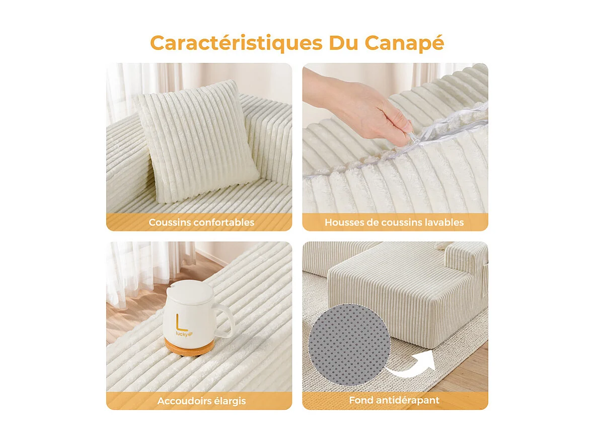 Canapé 3 Places d'angle droite modulable, en Velours côtelé beige, avec 4 Coussins, méridienne et poche latérale, 261x156x80cm