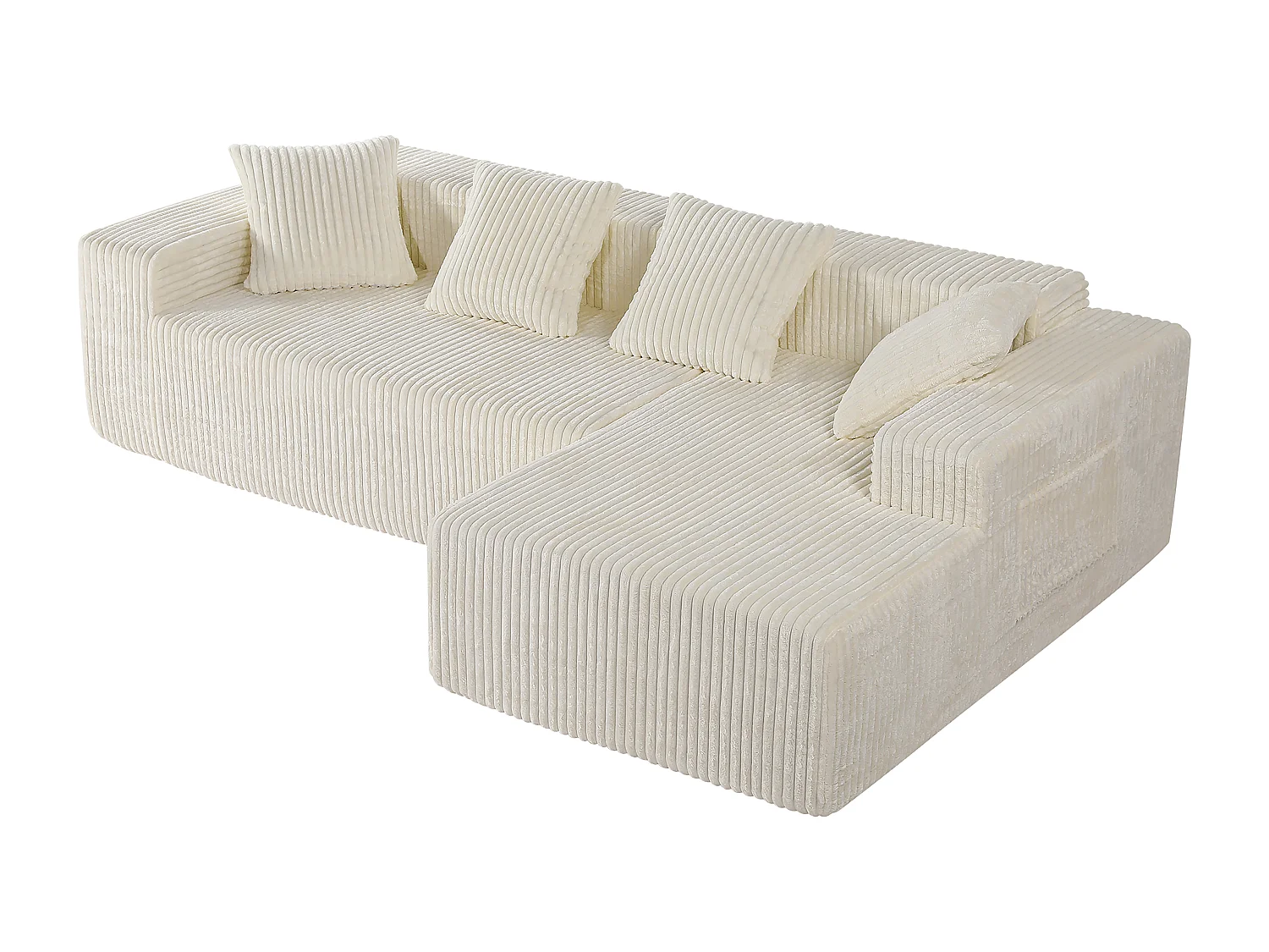 Canapé 3 Places d'angle droite modulable, en Velours côtelé beige, avec 4 Coussins, méridienne et poche latérale, 261x156x80cm