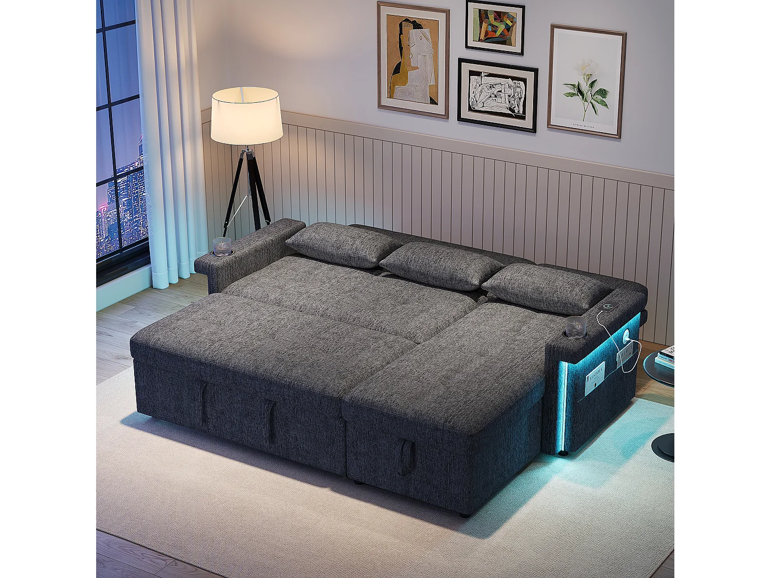 Canapé d'angle 3 places - convertible en lit - avec éclairage LED + USB - dossier réglable avec coussins - Chenil - gris