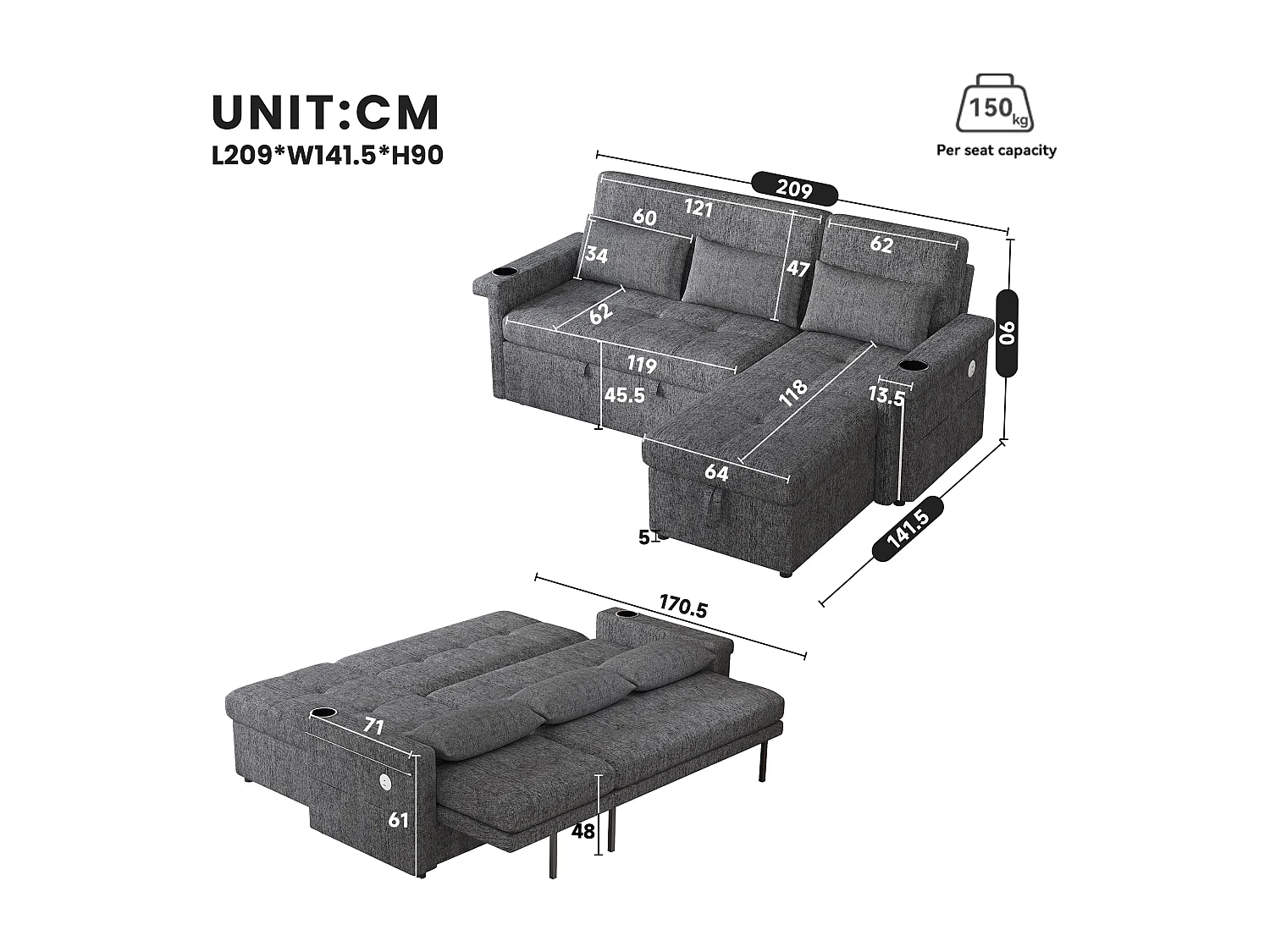 Canapé d'angle 3 places - convertible en lit - avec éclairage LED + USB - dossier réglable avec coussins - Chenil - gris